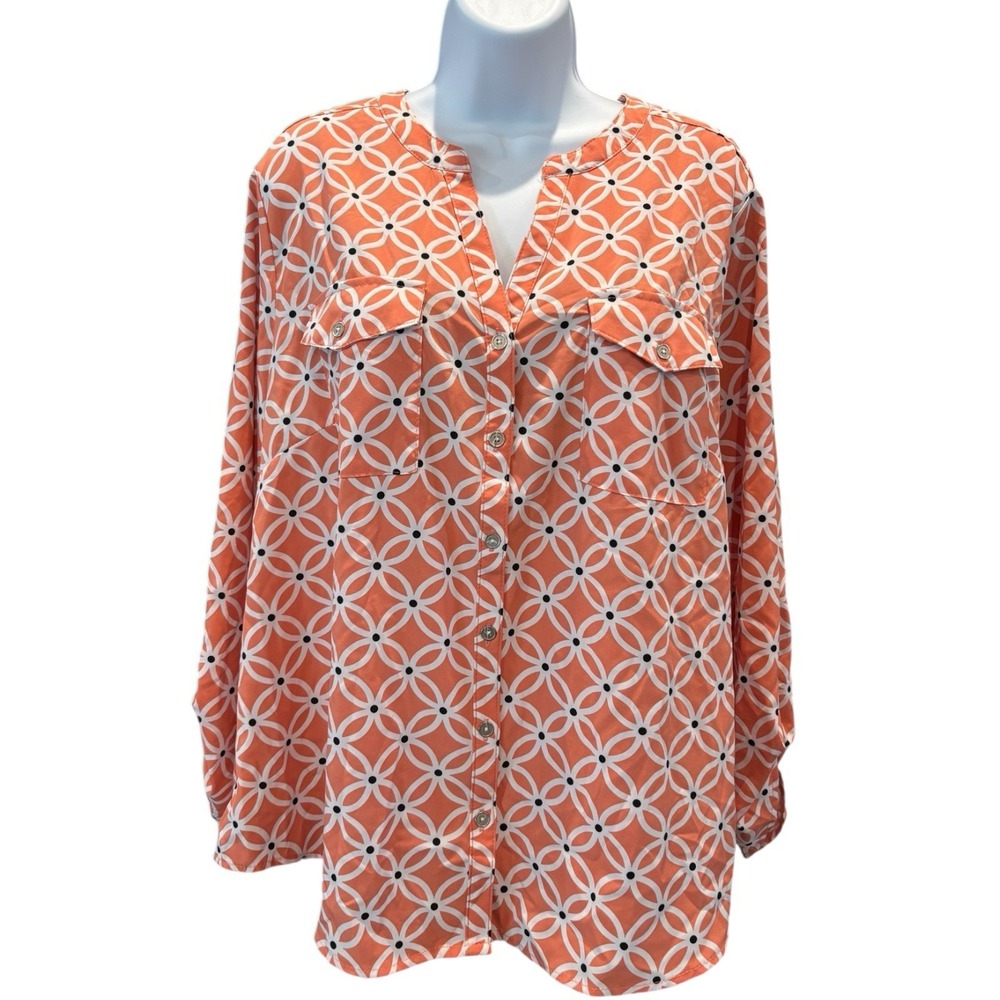 Notations Woman Orange Geometric‎ Print 3/4 Sleeve Blouse Plus Size 2x